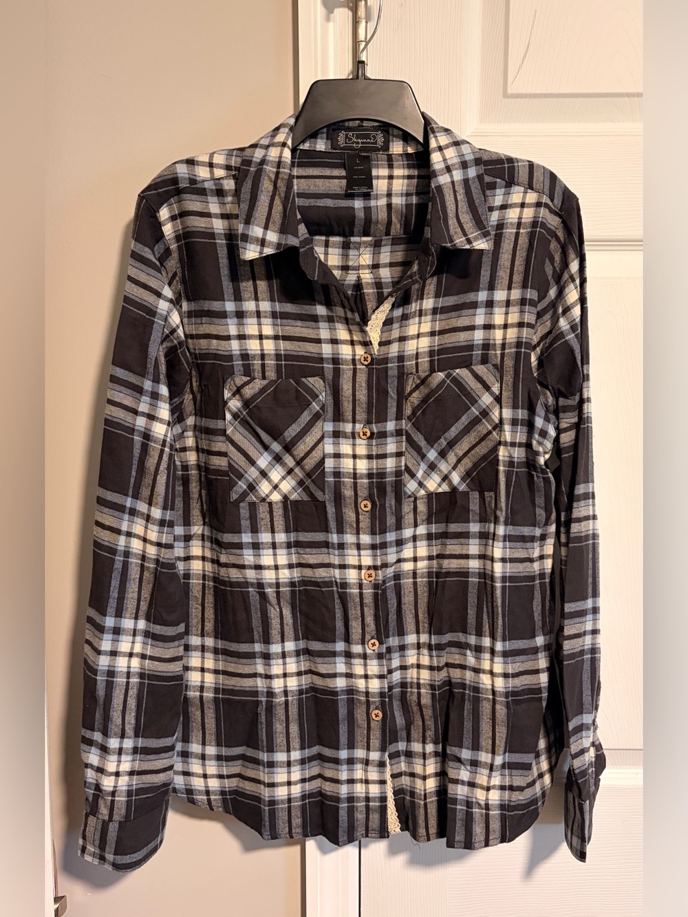 Shyanne Black, Light Blue & White Plaid Button-Down Flannel Shirt
